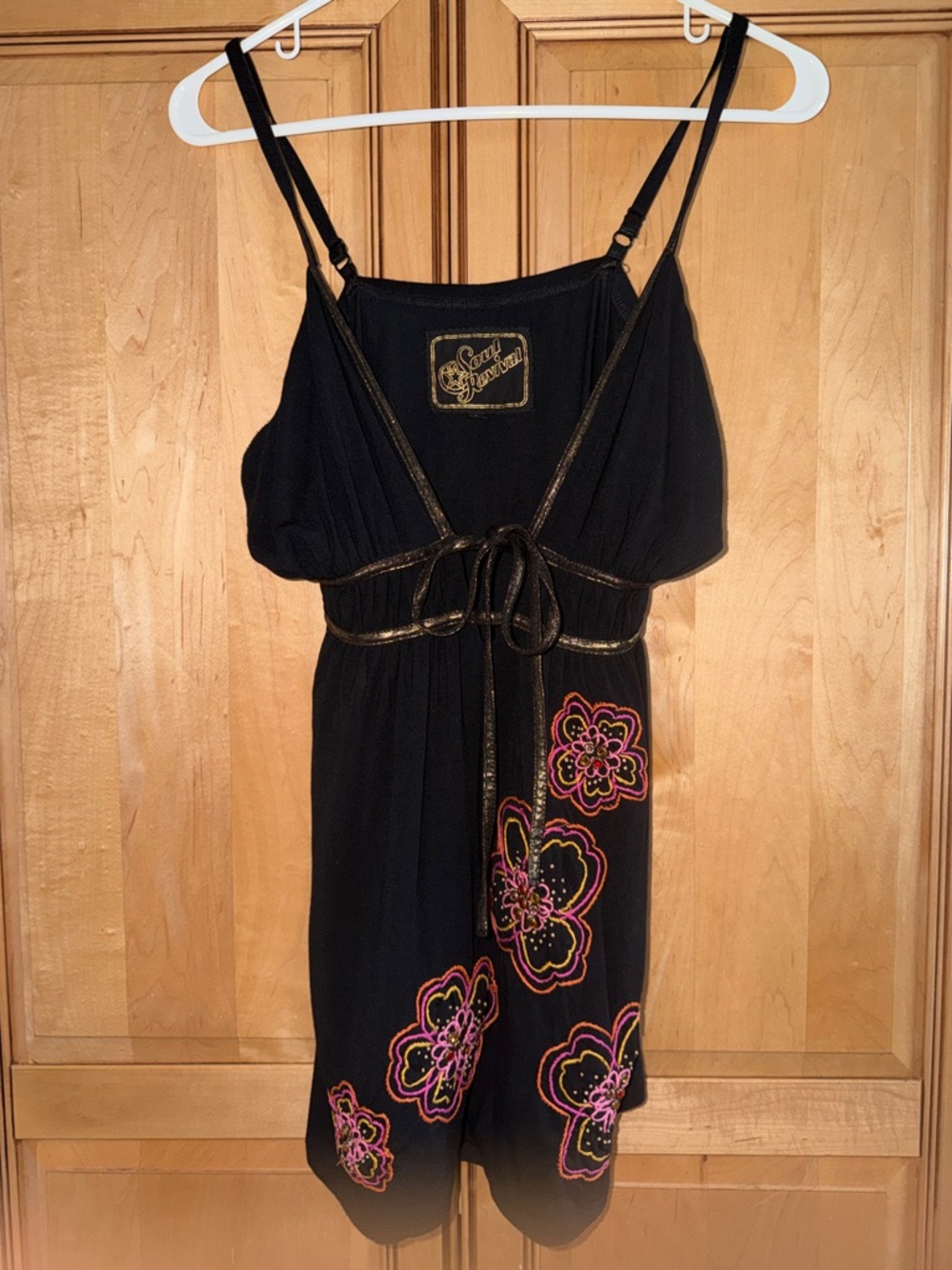Soul Revival Black Tank Top with Multicolor Floral Embroidery & Rhinestones
